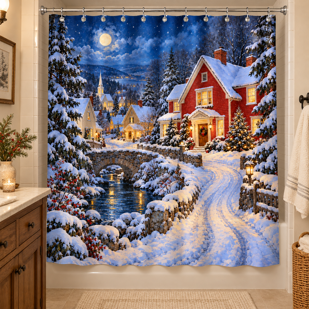 Snowy village Christmas shower curtain in a warm cottage bathroom with a white tub.