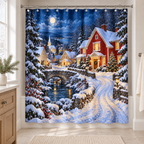 Christmas village shower curtain in a bright neutral bathroom with oak and cream accents.
