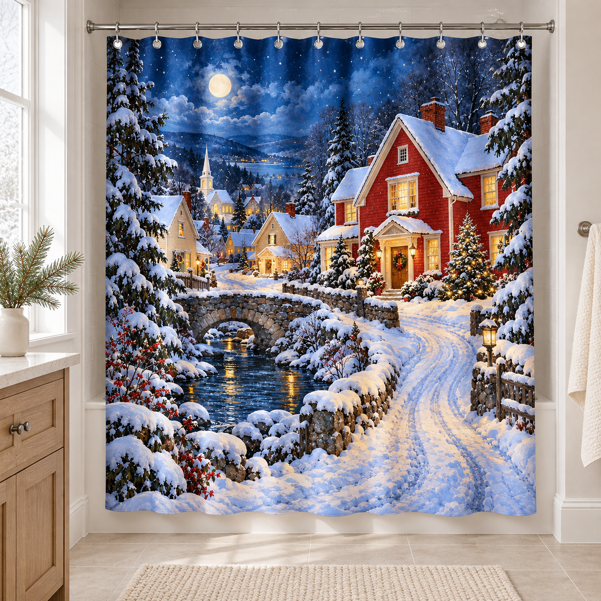 Christmas village shower curtain in a bright neutral bathroom with oak and cream accents.