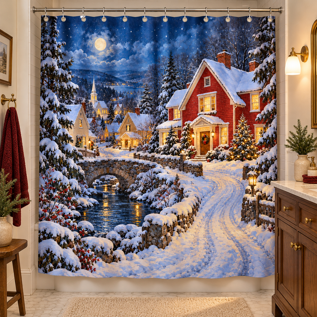 Moonlit village shower curtain styled in a traditional bathroom with brass fixtures and warm light.