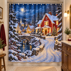 Moonlit village shower curtain styled in a traditional bathroom with brass fixtures and warm light.