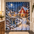 Snowy Christmas cottage shower curtain in a cozy cabin bathroom with wood and ivory textiles.