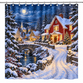 Snowy Christmas village polyester shower curtain with metal hooks, shown on a white background.