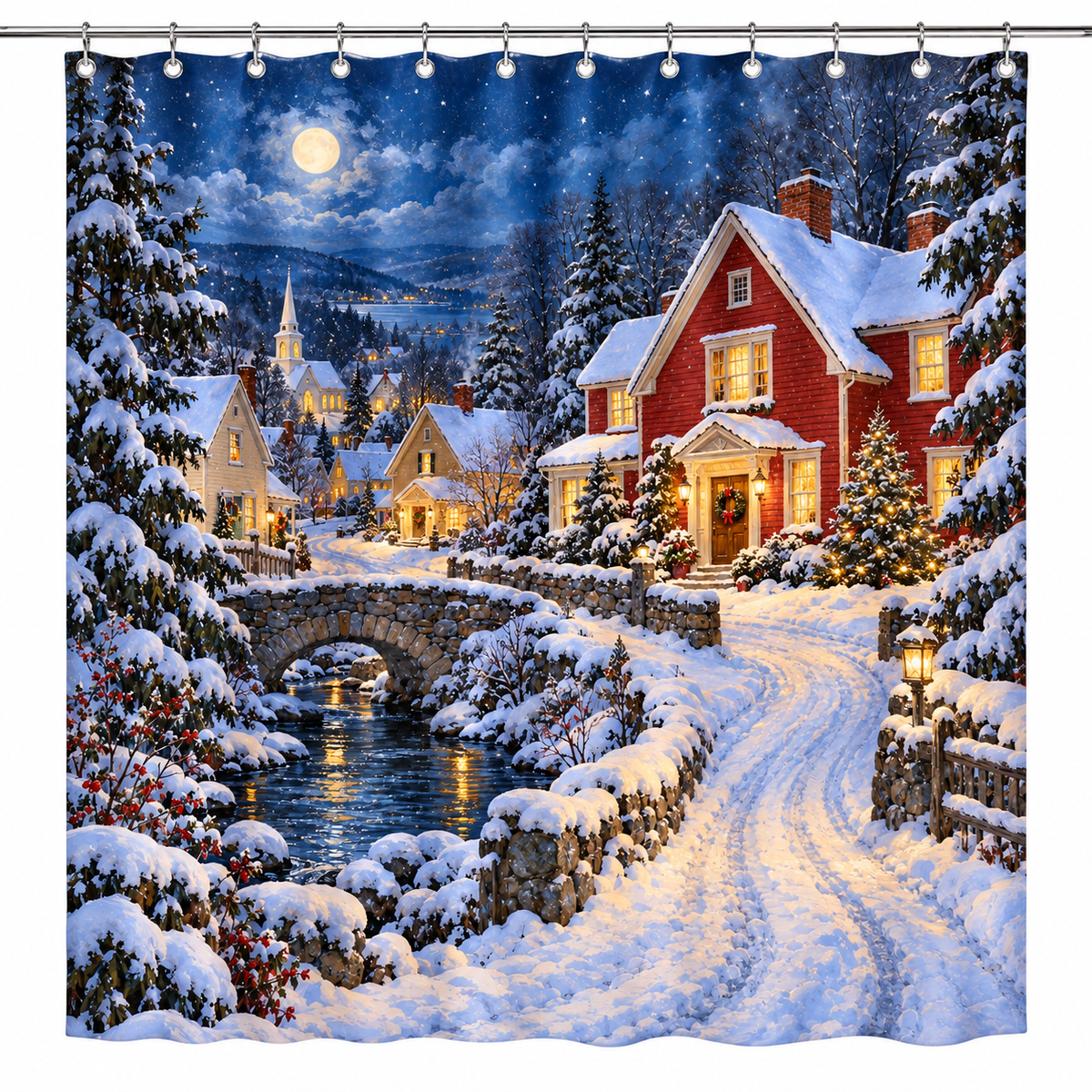 Snowy Christmas village polyester shower curtain with metal hooks, shown on a white background.