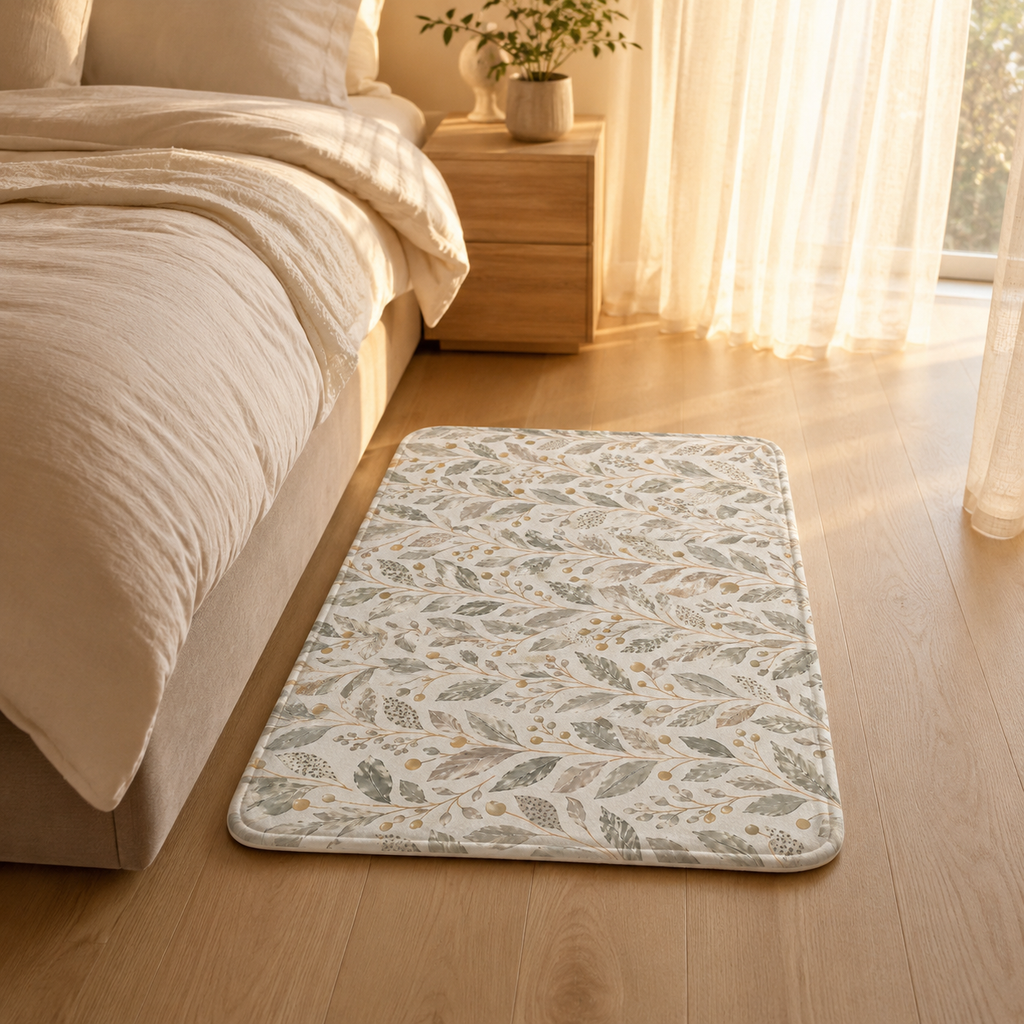 A comforting leaf pattern accent rug placed on a wooden floor alongside a cozy bed inside a bedroom filled with warm afternoon sunlight.