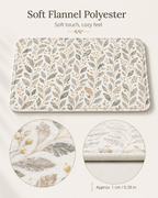 Soft flannel polyester indoor rug featuring a delicate leaf design, with close-ups highlighting the plush touch surface and 0.39-inch mat edge.