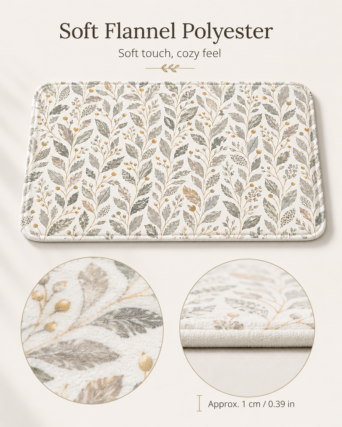 Soft flannel polyester indoor rug featuring a delicate leaf design, with close-ups highlighting the plush touch surface and 0.39-inch mat edge.