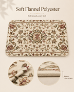 Soft flannel polyester indoor mat featuring an ornate traditional floral pattern, showcasing close-ups of the plush surface and a 0.39-inch thickness profile.