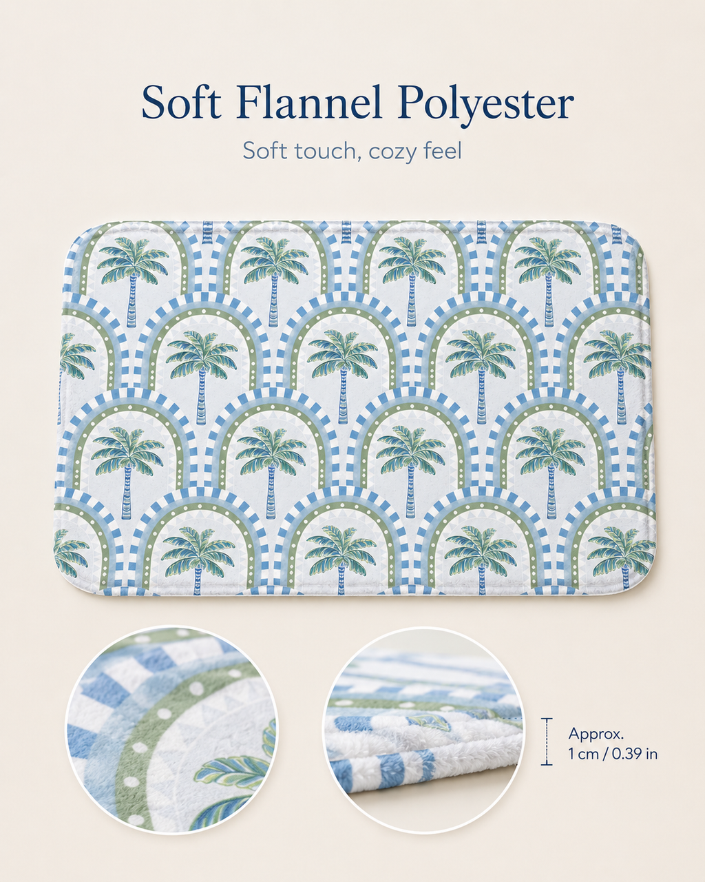 Soft flannel polyester door mat with a cozy feel and tropical arch palm design, showing close-up fiber textures and 0.39-inch thickness.