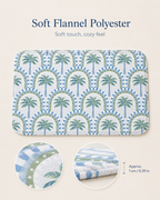 Soft flannel polyester door mat with a cozy feel and tropical arch palm design, showing close-up fiber textures and 0.39-inch thickness.