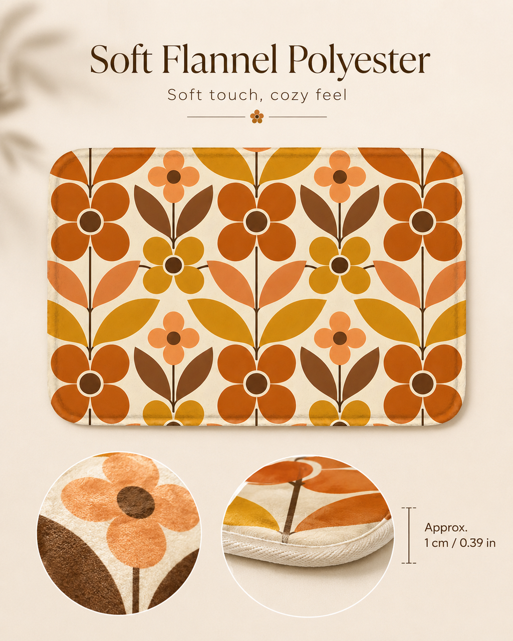 Soft flannel polyester indoor runner mat with an orange and yellow leaf design, displaying close-up circles of the plush surface and 0.39-inch mat edge.