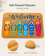 Soft flannel polyester welcome mat with a cozy plush surface and beach flip-flop print, illustrating a thickness profile of 0.39 inches.