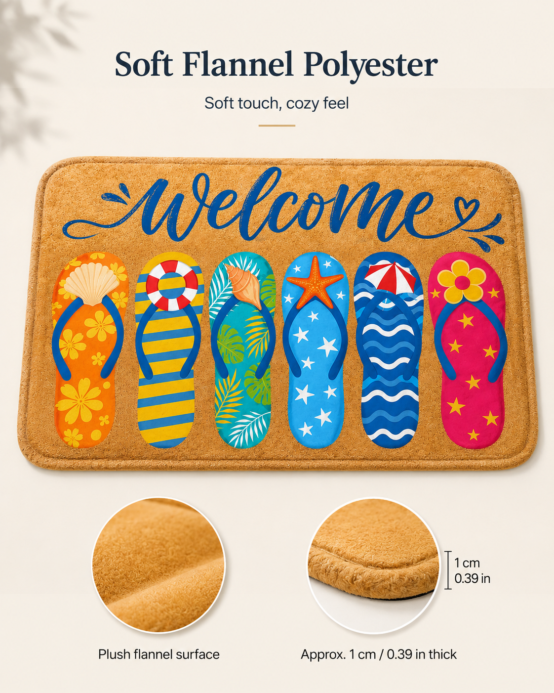 Soft flannel polyester welcome mat with a cozy plush surface and beach flip-flop print, illustrating a thickness profile of 0.39 inches.
