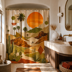 Southwestern style desert collage art shower curtain paired with a modern dark brown wooden vanity cabinet.