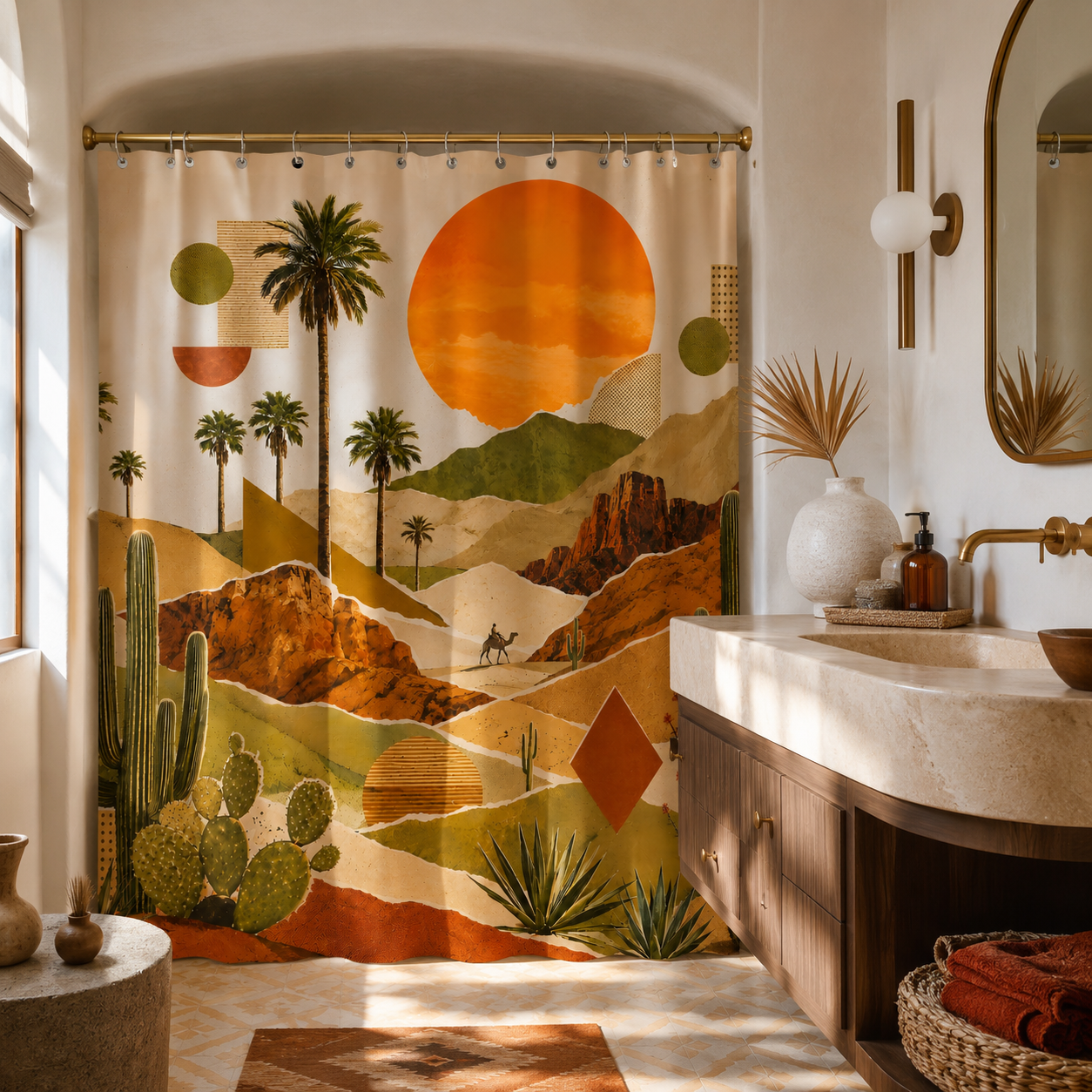 Southwestern style desert collage art shower curtain paired with a modern dark brown wooden vanity cabinet.