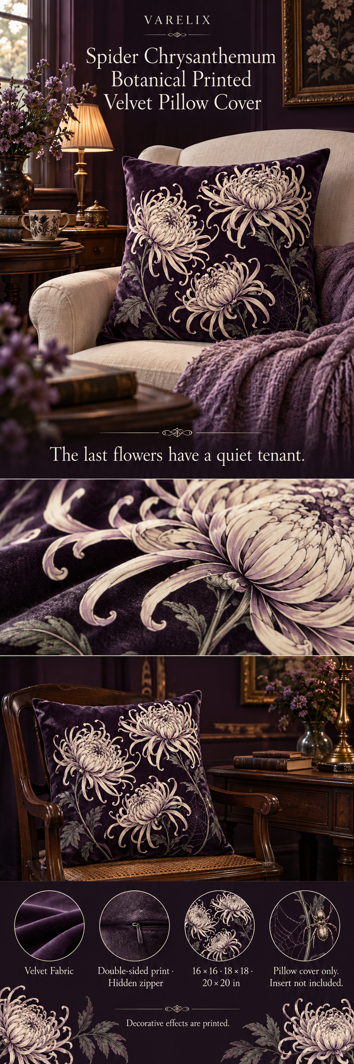 Spider Chrysanthemum Botanical Printed Velvet Pillow Cover by VARELIX, A+ detail poster with verified material, sizes and included items.