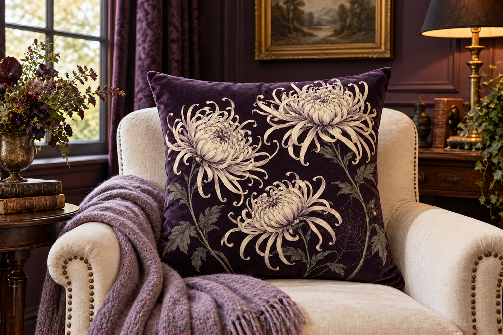 Spider Chrysanthemum Botanical Printed Velvet Pillow Cover, lifestyle view 1: Placed upright on an accent chair, nearly frontal with full print clearly visible; room-wide interior composition.