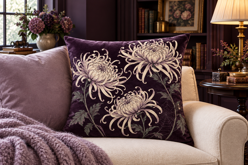 Spider Chrysanthemum Botanical Printed Velvet Pillow Cover, lifestyle view 2: A prominent single pillow on a sofa beside one plain solid-colored cushion; medium interior composition, product fills at least 40 percent of frame.