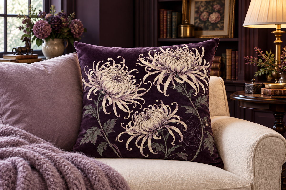 Spider Chrysanthemum Botanical Printed Velvet Pillow Cover, lifestyle view 2: A prominent single pillow on a sofa beside one plain solid-colored cushion; medium interior composition, product fills at least 40 percent of frame.