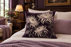 Spider Chrysanthemum Botanical Printed Velvet Pillow Cover, lifestyle view 3: Centered in front of plain pillows on a neatly made guest bed; eye-level composition, believable 18-inch pillow scale.