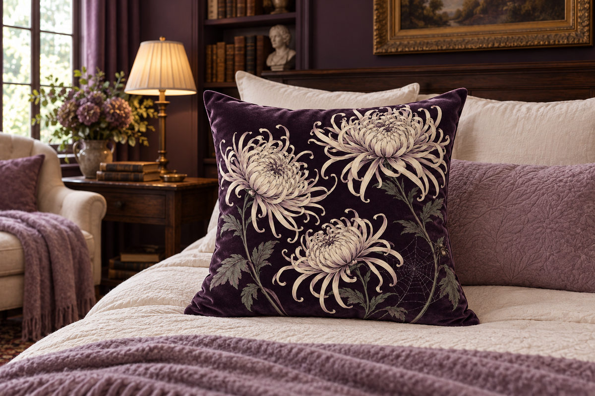Spider Chrysanthemum Botanical Printed Velvet Pillow Cover, lifestyle view 3: Centered in front of plain pillows on a neatly made guest bed; eye-level composition, believable 18-inch pillow scale.