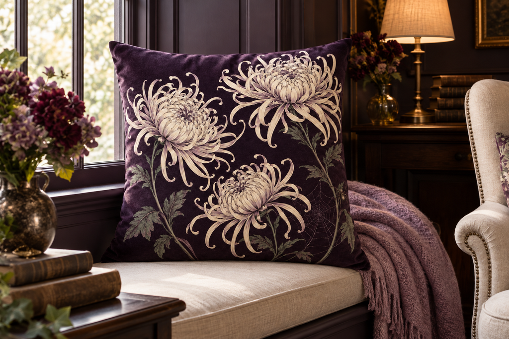 Spider Chrysanthemum Botanical Printed Velvet Pillow Cover, lifestyle view 4: Close editorial view on an indoor window bench, full pillow and all edges visible, gentle side light reveals the real textile texture.