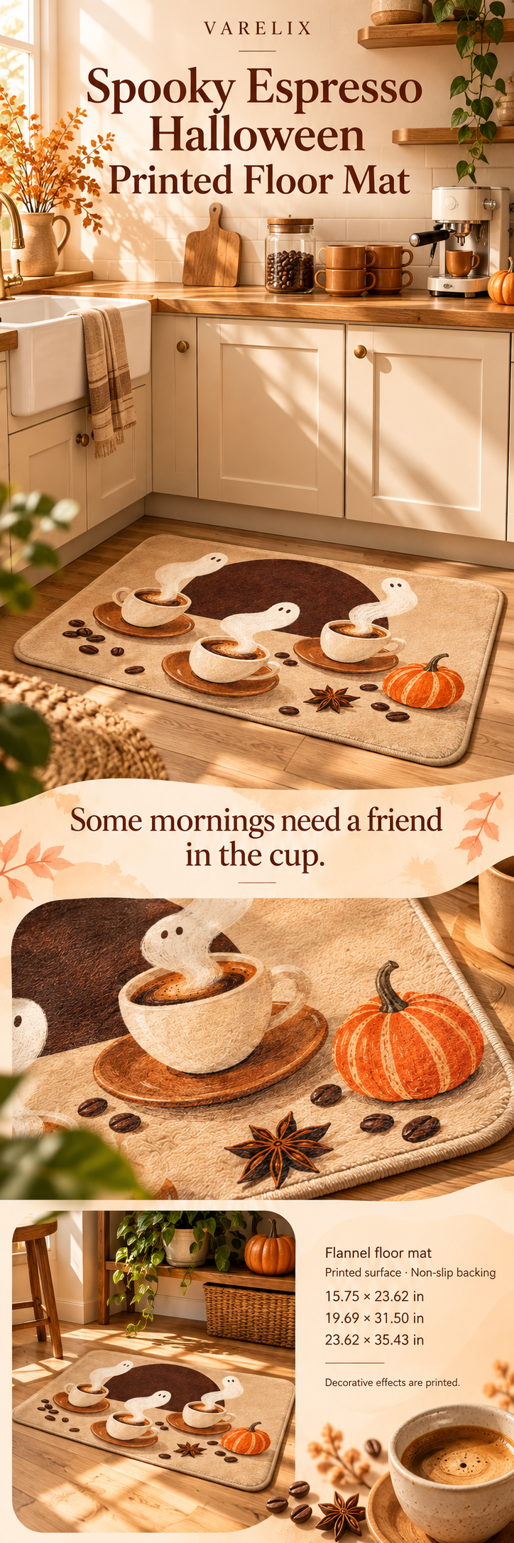 Spooky Espresso Halloween Printed Floor Mat by VARELIX, A+ detail poster with verified material, sizes and included items.