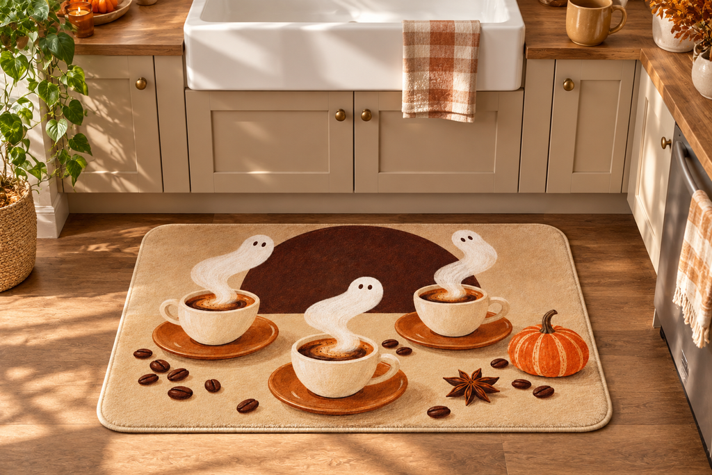 Spooky Espresso Halloween Printed Floor Mat, lifestyle view 2: One mat on the kitchen floor in front of a sink or coffee station, full printed surface readable, no furniture hiding the design.