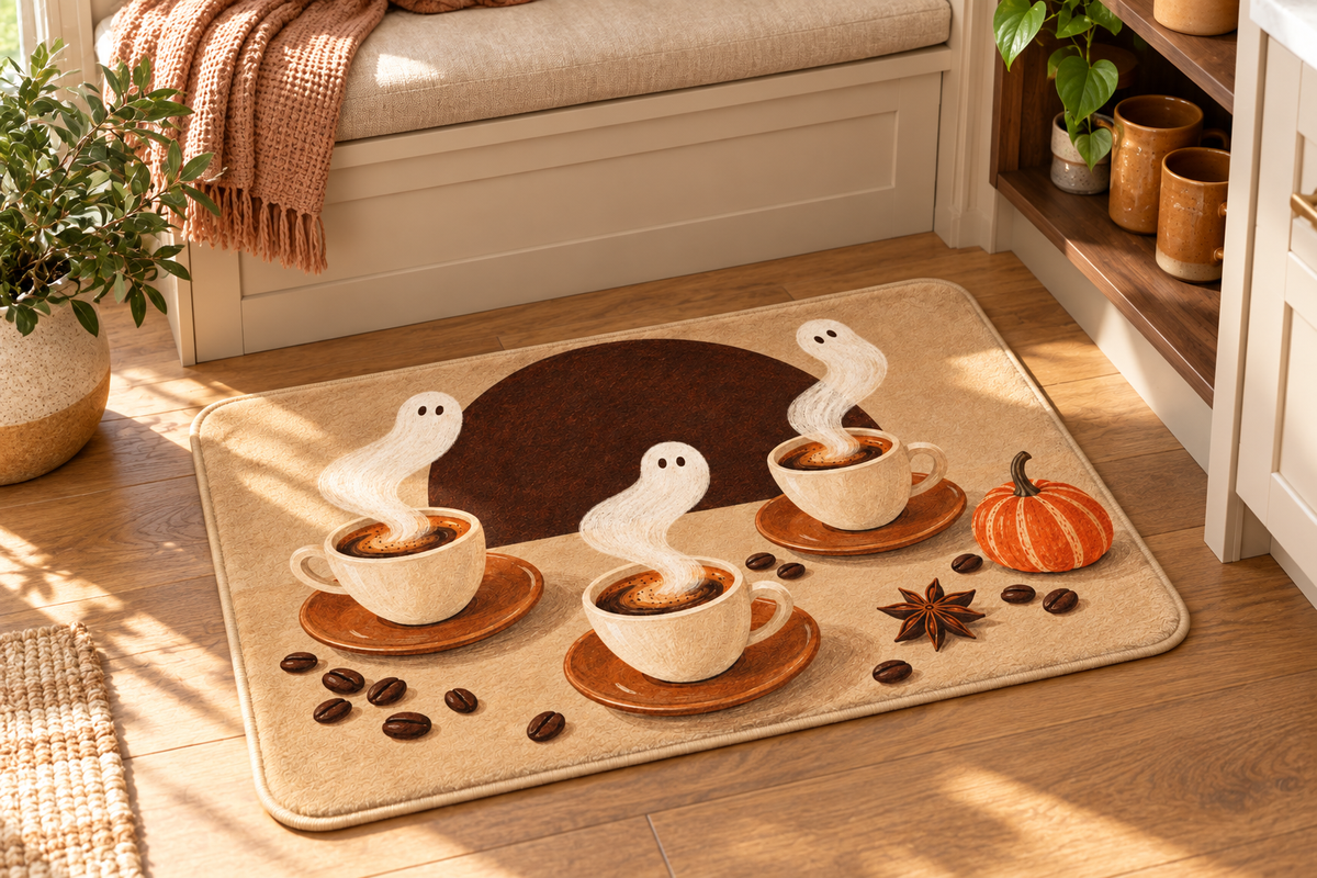 Spooky Espresso Halloween Printed Floor Mat, lifestyle view 3: One mat in a tidy indoor mudroom beside a small bench, photographed slightly above with realistic 16 by 24 inch scale.
