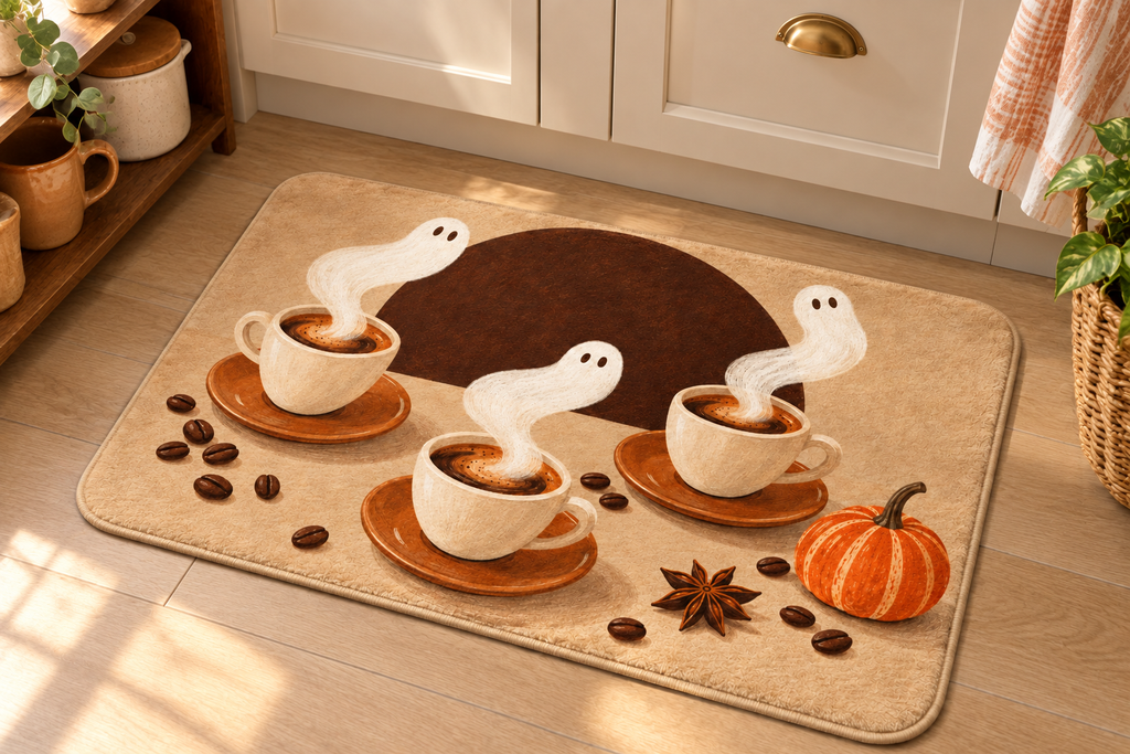 Spooky Espresso Halloween Printed Floor Mat, lifestyle view 4: Close overhead-oblique view of one mat on a clean pale-wood floor near a cabinet, all four corners in frame, soft side light reveals short flannel nap.