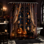 Spooky Halloween themed shower curtain hanging in a dark gothic bathroom, featuring glowing jack-o'-lanterns, playful ghosts, and a black cat by a starry window.