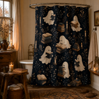 Enchanting library ghost shower curtain paired with a rustic wooden stool and a classic clawfoot tub.