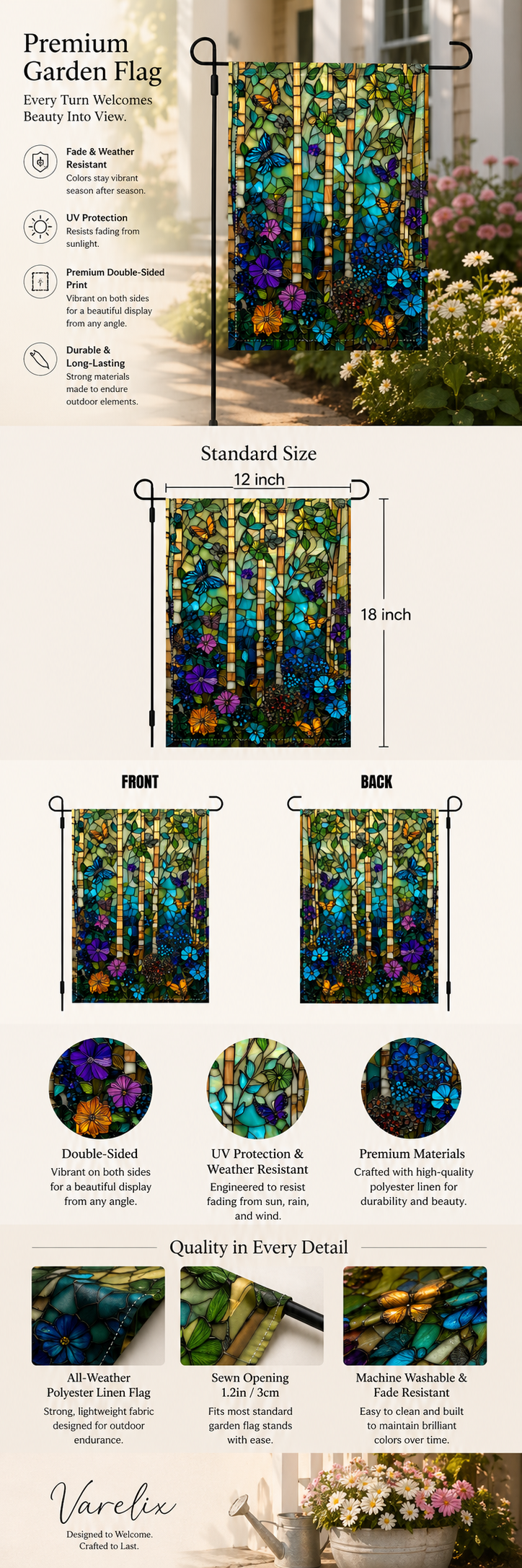 Stained glass butterfly garden flag detail infographic with size, fabric, and features