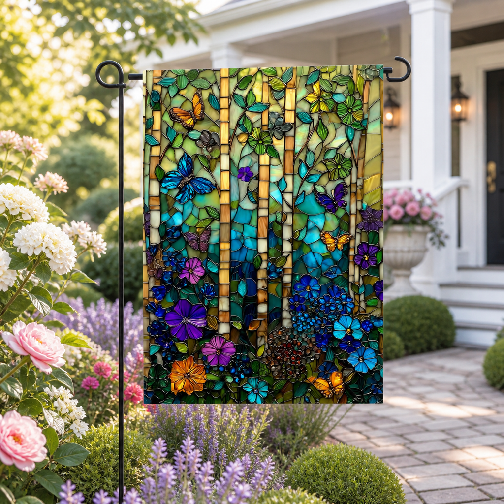 Stained glass butterfly garden flag styled among flowers near a home entryway.