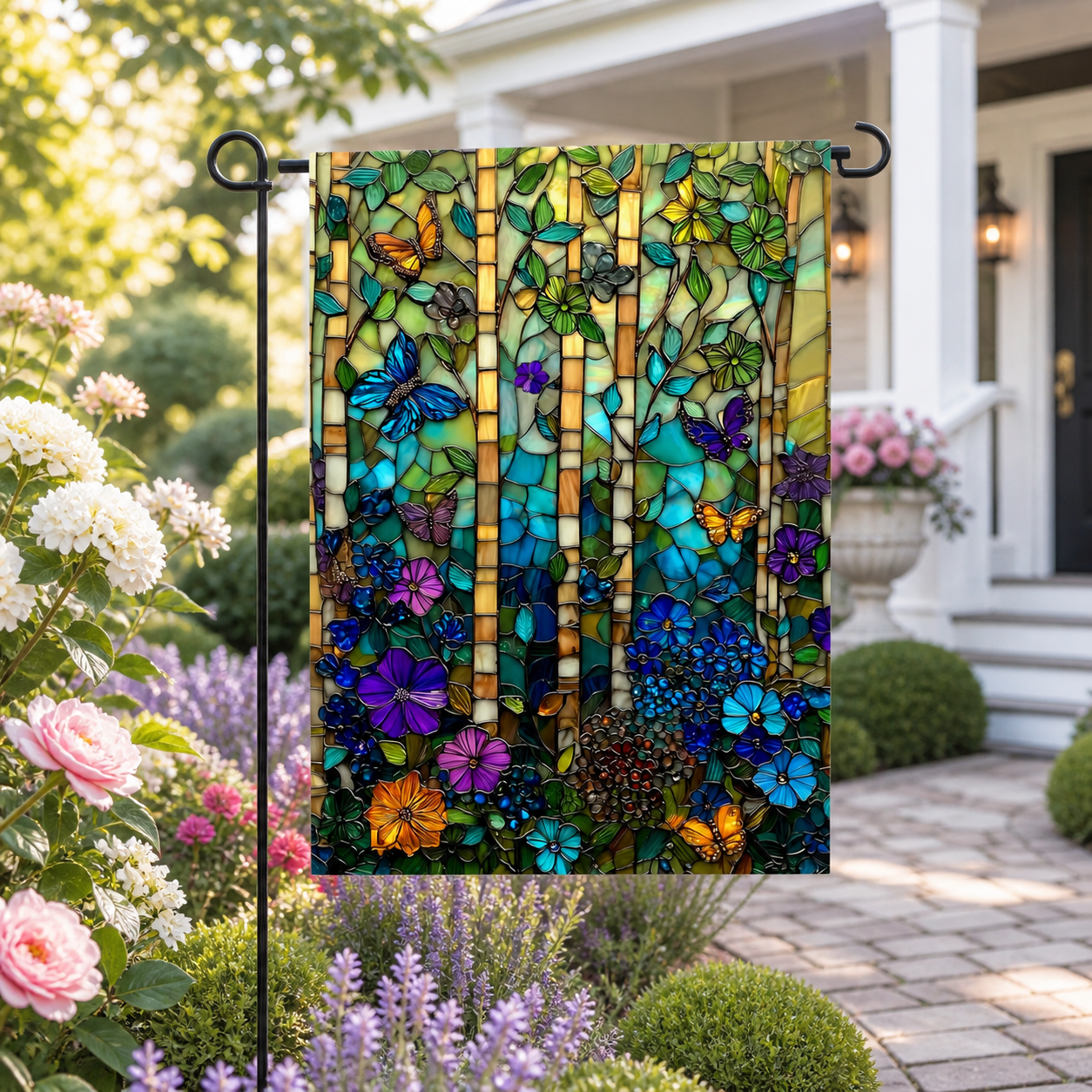 Stained glass butterfly garden flag styled among flowers near a home entryway.