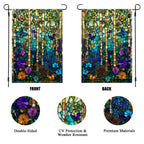 Stained glass butterfly garden flag infographic showing double-sided design and materials