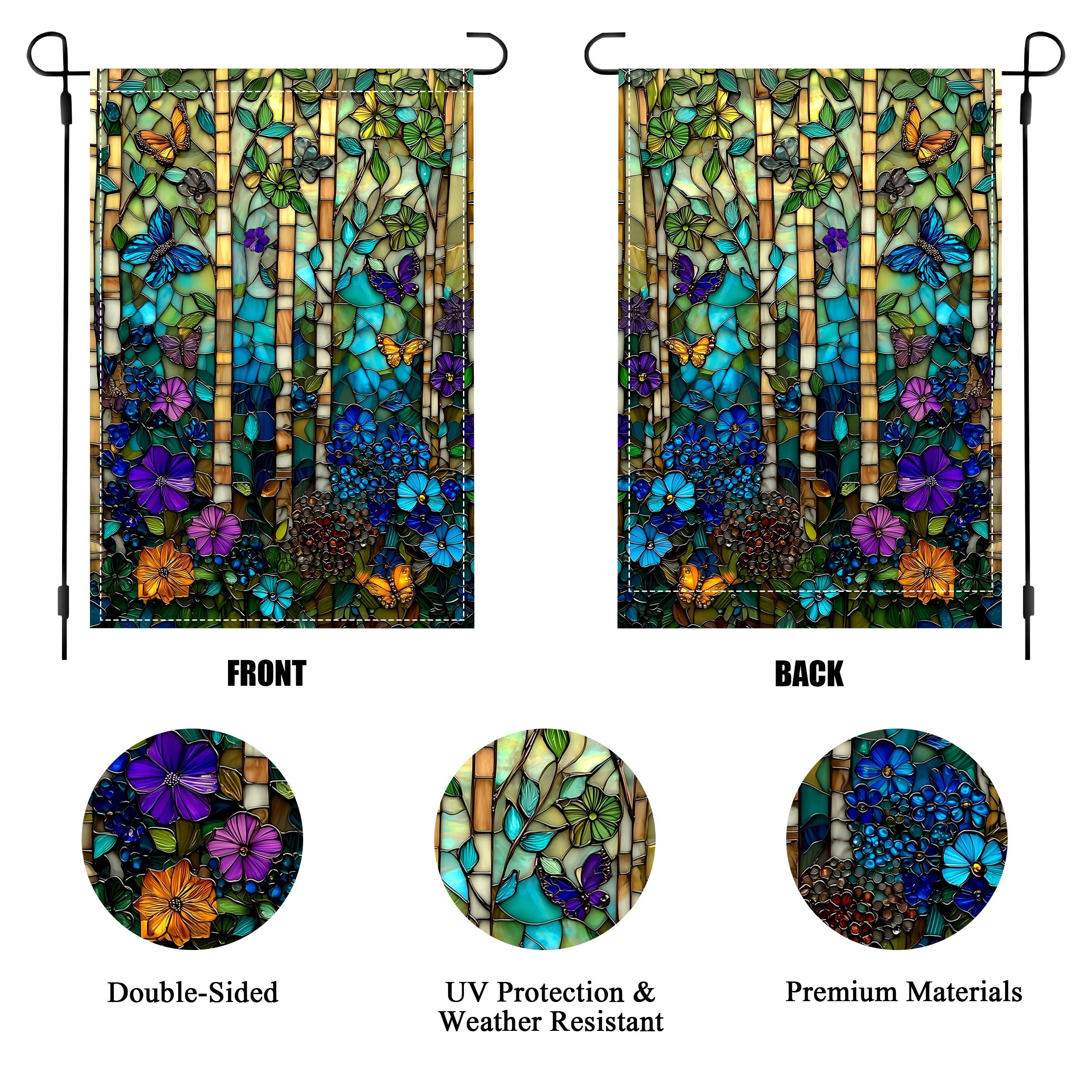 Stained glass butterfly garden flag infographic showing double-sided design and materials