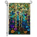 Stained glass butterfly garden flag with flowers and leafy forest design