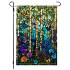 Stained glass butterfly garden flag with flowers and leafy forest design