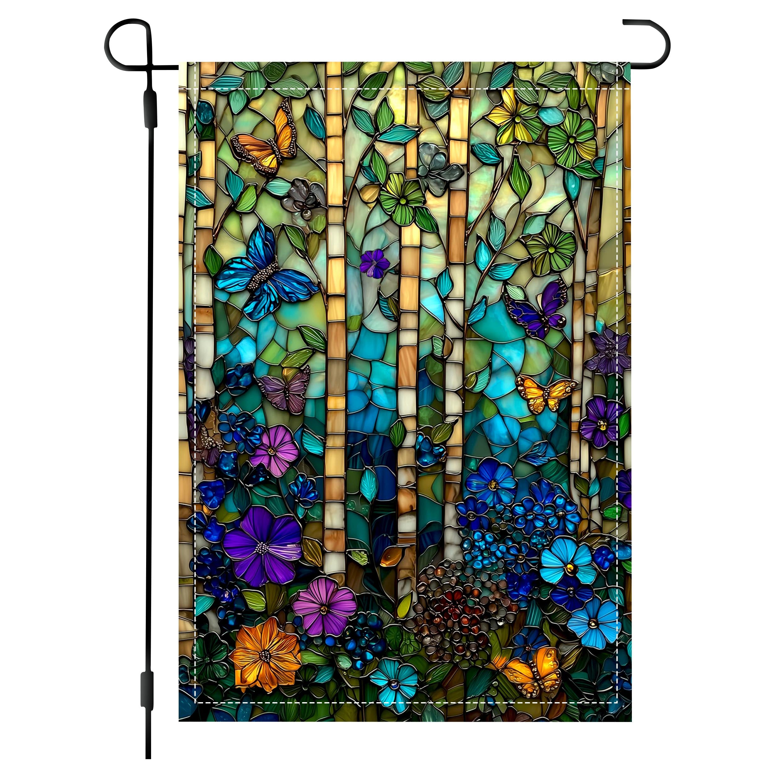 Stained glass butterfly garden flag with flowers and leafy forest design