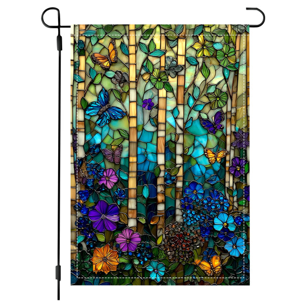 Stained glass butterfly garden flag with flowers and leafy forest design