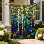 Stained glass butterfly garden flag beside a front porch and hydrangeas.