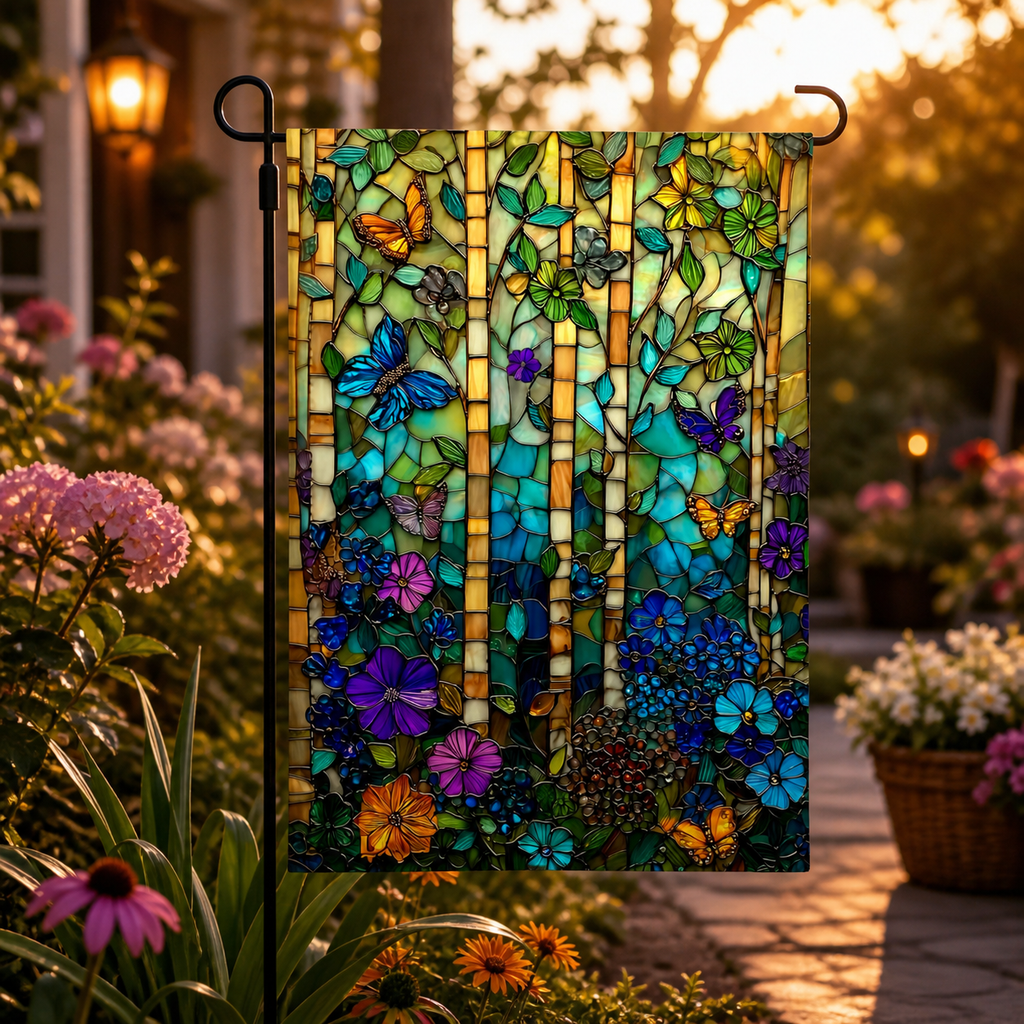 Stained glass butterfly garden flag displayed in a warm sunset garden.