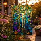 Stained glass butterfly garden flag displayed in a warm sunset garden.
