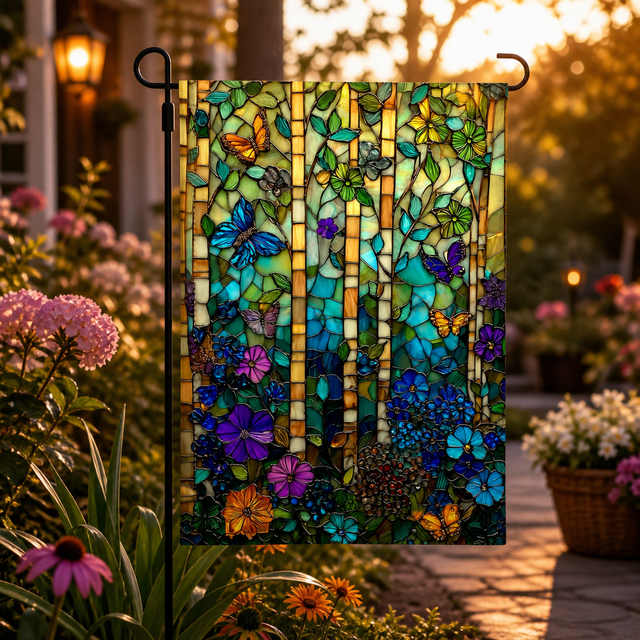 Stained glass butterfly garden flag displayed in a warm sunset garden.