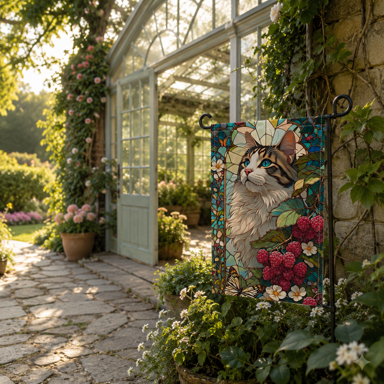 Stained glass cat garden flag displayed beside a sunny greenhouse path
