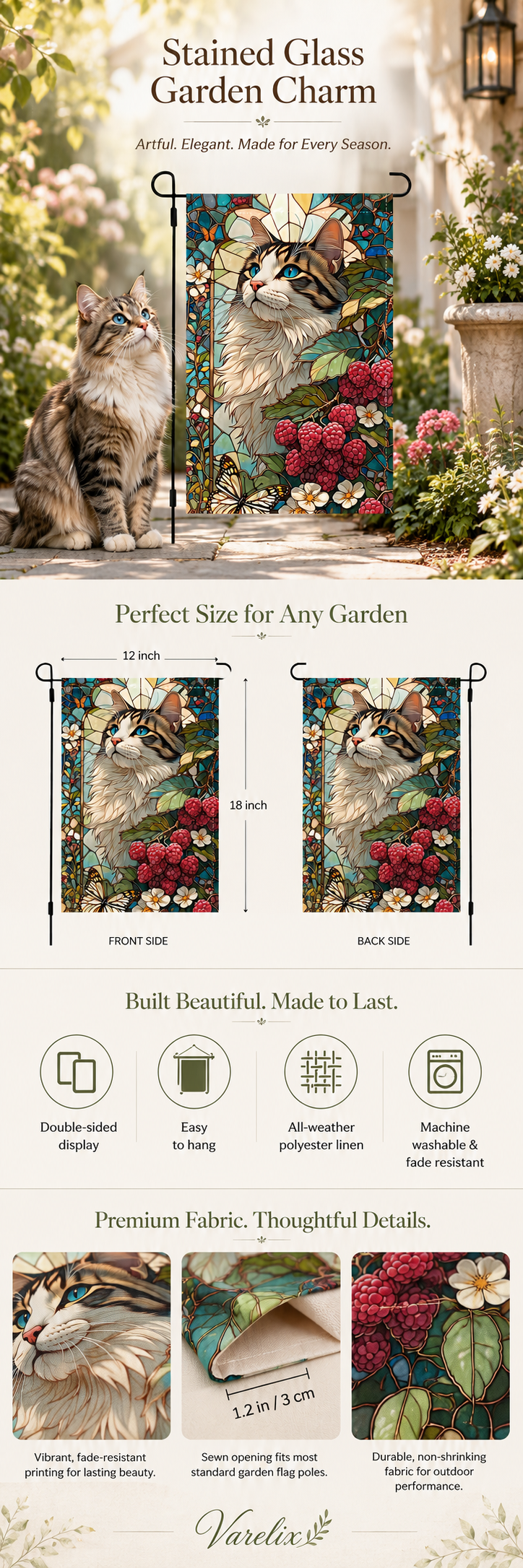 Stained glass cat garden flag infographic showing size, fabric, and close-up details