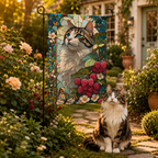 Stained glass cat garden flag displayed in a warm garden with a cat
