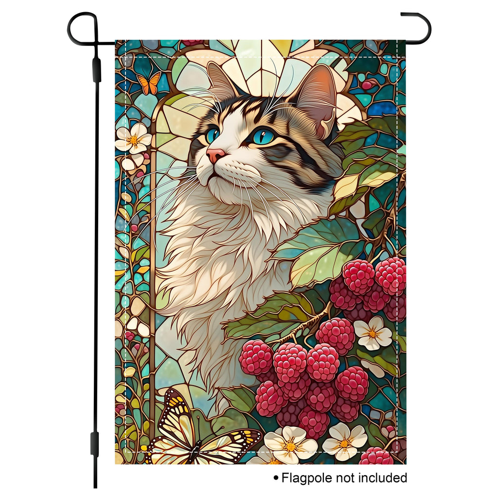 Stained glass cat garden flag with berries, flowers, and butterfly details