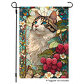 Stained glass cat garden flag with berries, flowers, and butterfly details